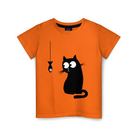 Детская футболка хлопок с принтом Кот и рыба в Тюмени, 100% хлопок | круглый вырез горловины, полуприлегающий силуэт, длина до линии бедер | киса | киска | котенок | котик | котэ | кошка | рыбка