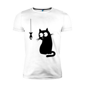 Мужская футболка премиум с принтом Кот и рыба в Тюмени, 92% хлопок, 8% лайкра | приталенный силуэт, круглый вырез ворота, длина до линии бедра, короткий рукав | киса | киска | котенок | котик | котэ | кошка | рыбка