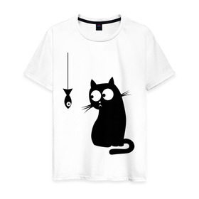 Мужская футболка хлопок с принтом Кот и рыба в Тюмени, 100% хлопок | прямой крой, круглый вырез горловины, длина до линии бедер, слегка спущенное плечо. | киса | киска | котенок | котик | котэ | кошка | рыбка
