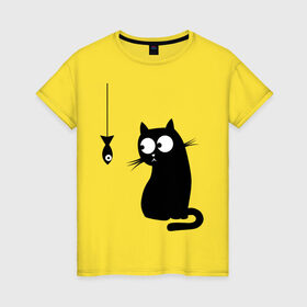 Женская футболка хлопок с принтом Кот и рыба в Тюмени, 100% хлопок | прямой крой, круглый вырез горловины, длина до линии бедер, слегка спущенное плечо | киса | киска | котенок | котик | котэ | кошка | рыбка