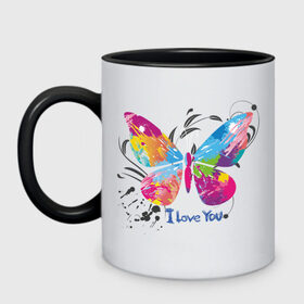 Кружка двухцветная с принтом Бабочка - I Love You в Тюмени, керамика | объем — 330 мл, диаметр — 80 мм. Цветная ручка и кайма сверху, в некоторых цветах — вся внутренняя часть | крылья
