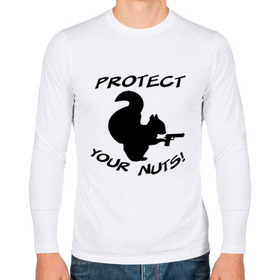 Мужской лонгслив хлопок с принтом Protect your nuts в Тюмени, 100% хлопок |  | белка | белочка | вооруженная | защищай | зверь | орехи | оружие | пистолет | свои