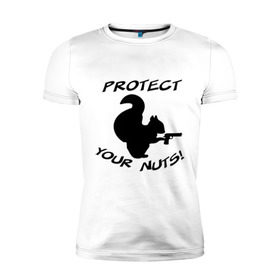 Мужская футболка премиум с принтом Protect your nuts в Тюмени, 92% хлопок, 8% лайкра | приталенный силуэт, круглый вырез ворота, длина до линии бедра, короткий рукав | Тематика изображения на принте: белка | белочка | вооруженная | защищай | зверь | орехи | оружие | пистолет | свои