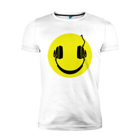Мужская футболка премиум с принтом Смайлик-наушники в Тюмени, 92% хлопок, 8% лайкра | приталенный силуэт, круглый вырез ворота, длина до линии бедра, короткий рукав | Тематика изображения на принте: smile | наушники | смайл | смайлик | смайлики | улыбка