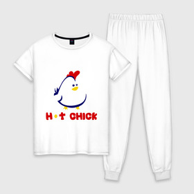 Женская пижама хлопок с принтом Hot Chick в Тюмени, 100% хлопок | брюки и футболка прямого кроя, без карманов, на брюках мягкая резинка на поясе и по низу штанин | Тематика изображения на принте: горячая | курица | курочка | цыпленок | чика