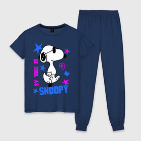 Женская пижама хлопок с принтом Be cool as Snoopy в Тюмени, 100% хлопок | брюки и футболка прямого кроя, без карманов, на брюках мягкая резинка на поясе и по низу штанин | snoopy | будь крутым как снупи | мультик | мультики | мультфильмы | снупи | собачка снупи