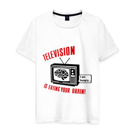 Мужская футболка хлопок с принтом Телевидение ест твой мозг в Тюмени, 100% хлопок | прямой крой, круглый вырез горловины, длина до линии бедер, слегка спущенное плечо. | eating your brain | hungry | television | антенна | передача | программа | телевизор | телешоу | телик | ящик