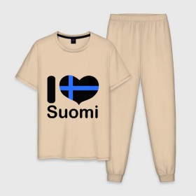 Мужская пижама хлопок с принтом Love Suomi в Тюмени, 100% хлопок | брюки и футболка прямого кроя, без карманов, на брюках мягкая резинка на поясе и по низу штанин
 | Тематика изображения на принте: suomi | курорты | курорты финляндии | люблю финляндию | отдых | финляндия
