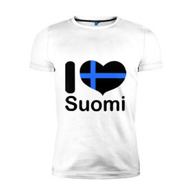 Мужская футболка премиум с принтом Love Suomi в Тюмени, 92% хлопок, 8% лайкра | приталенный силуэт, круглый вырез ворота, длина до линии бедра, короткий рукав | Тематика изображения на принте: suomi | курорты | курорты финляндии | люблю финляндию | отдых | финляндия