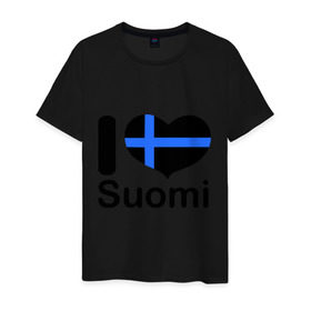 Мужская футболка хлопок с принтом Love Suomi в Тюмени, 100% хлопок | прямой крой, круглый вырез горловины, длина до линии бедер, слегка спущенное плечо. | Тематика изображения на принте: suomi | курорты | курорты финляндии | люблю финляндию | отдых | финляндия