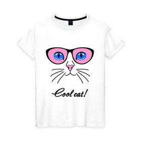 Женская футболка хлопок с принтом Кошка в очках (крутая кошка) в Тюмени, 100% хлопок | прямой крой, круглый вырез горловины, длина до линии бедер, слегка спущенное плечо | cool cat | девушкам | киса | кот | котенок | котик | кошка | кошка в очках | крутая кошка | кул кэт | пафос