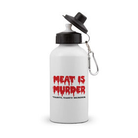 Бутылка спортивная с принтом Мясо это вкусное убийство в Тюмени, металл | емкость — 500 мл, в комплекте две пластиковые крышки и карабин для крепления | Тематика изображения на принте: meat is murder | веген | вегетарианство | кровь | мясо