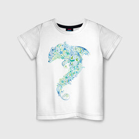 Детская футболка хлопок с принтом Абстрактный дельфин в Тюмени, 100% хлопок | круглый вырез горловины, полуприлегающий силуэт, длина до линии бедер | абстрактный дельфин | дельфин | животные | морские животные | орнамент | рисунок | цветочный орнамент
