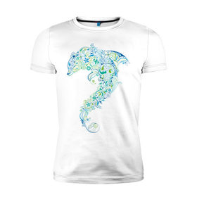 Мужская футболка премиум с принтом Абстрактный дельфин в Тюмени, 92% хлопок, 8% лайкра | приталенный силуэт, круглый вырез ворота, длина до линии бедра, короткий рукав | абстрактный дельфин | дельфин | животные | морские животные | орнамент | рисунок | цветочный орнамент