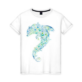 Женская футболка хлопок с принтом Абстрактный дельфин в Тюмени, 100% хлопок | прямой крой, круглый вырез горловины, длина до линии бедер, слегка спущенное плечо | абстрактный дельфин | дельфин | животные | морские животные | орнамент | рисунок | цветочный орнамент