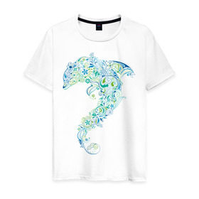Мужская футболка хлопок с принтом Абстрактный дельфин в Тюмени, 100% хлопок | прямой крой, круглый вырез горловины, длина до линии бедер, слегка спущенное плечо. | абстрактный дельфин | дельфин | животные | морские животные | орнамент | рисунок | цветочный орнамент