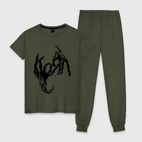 Женская пижама хлопок с принтом Korn bones в Тюмени, 100% хлопок | брюки и футболка прямого кроя, без карманов, на брюках мягкая резинка на поясе и по низу штанин | korn | metal | группы | корн | логотип | метал | музыка | рок группы | рок музыка
