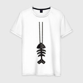 Мужская футболка хлопок с принтом Кулон рыба в Тюмени, 100% хлопок | прямой крой, круглый вырез горловины, длина до линии бедер, слегка спущенное плечо. | скелет