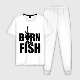 Мужская пижама хлопок с принтом Born to fish в Тюмени, 100% хлопок | брюки и футболка прямого кроя, без карманов, на брюках мягкая резинка на поясе и по низу штанин
 | born to fish | для рыбака | крючок | на крючке | рыба | рыбак | рыбаку | рыбалка | улов