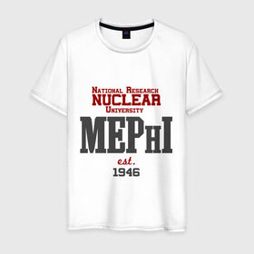 Мужская футболка хлопок с принтом Мифи в Тюмени, 100% хлопок | прямой крой, круглый вырез горловины, длина до линии бедер, слегка спущенное плечо. | mephi | вуз | институт | мифи | студентам | университет | ядерный университет