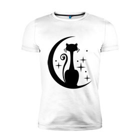 Мужская футболка премиум с принтом Кошка на луне в Тюмени, 92% хлопок, 8% лайкра | приталенный силуэт, круглый вырез ворота, длина до линии бедра, короткий рукав | звезды | киса | луна | месяц | ночная | ночь