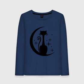 Женский лонгслив хлопок с принтом Кошка на луне в Тюмени, 100% хлопок |  | звезды | киса | луна | месяц | ночная | ночь