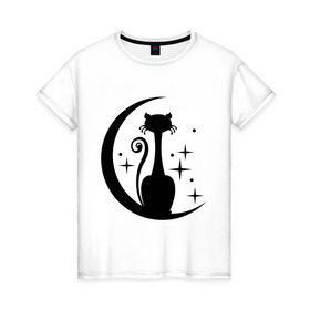 Женская футболка хлопок с принтом Кошка на луне в Тюмени, 100% хлопок | прямой крой, круглый вырез горловины, длина до линии бедер, слегка спущенное плечо | звезды | киса | луна | месяц | ночная | ночь