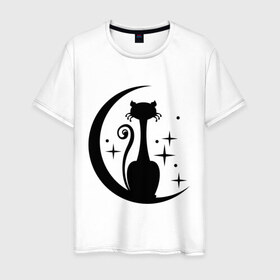Мужская футболка хлопок с принтом Кошка на луне в Тюмени, 100% хлопок | прямой крой, круглый вырез горловины, длина до линии бедер, слегка спущенное плечо. | звезды | киса | луна | месяц | ночная | ночь