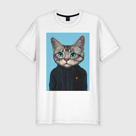 Мужская футболка премиум с принтом Котэ в толстовке в Тюмени, 92% хлопок, 8% лайкра | приталенный силуэт, круглый вырез ворота, длина до линии бедра, короткий рукав | голова кошки | кот | кот в одежде | кот в толстовке | кот на спорте | коте | котейка | котэ | кошка | кошка в толстовке | реальный поцык