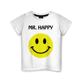 Детская футболка хлопок с принтом мистер счастье в Тюмени, 100% хлопок | круглый вырез горловины, полуприлегающий силуэт, длина до линии бедер | happy | mr. happy | smile | мистер хэппи | рожица | смайл | смайлик | счастье
