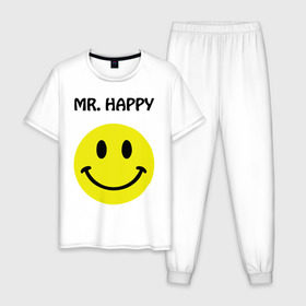 Мужская пижама хлопок с принтом мистер счастье в Тюмени, 100% хлопок | брюки и футболка прямого кроя, без карманов, на брюках мягкая резинка на поясе и по низу штанин
 | Тематика изображения на принте: happy | mr. happy | smile | мистер хэппи | рожица | смайл | смайлик | счастье