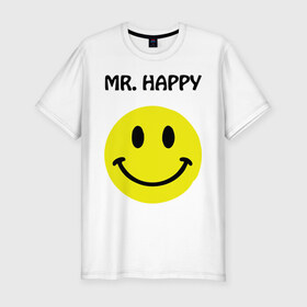 Мужская футболка премиум с принтом мистер счастье в Тюмени, 92% хлопок, 8% лайкра | приталенный силуэт, круглый вырез ворота, длина до линии бедра, короткий рукав | Тематика изображения на принте: happy | mr. happy | smile | мистер хэппи | рожица | смайл | смайлик | счастье