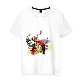 Мужская футболка хлопок с принтом Тигр принт в Тюмени, 100% хлопок | прямой крой, круглый вырез горловины, длина до линии бедер, слегка спущенное плечо. | азия | восток | китай | сакура | тигр | туристические | цветущая сакура