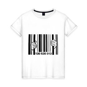 Женская футболка хлопок с принтом штрих код тюрьма в Тюмени, 100% хлопок | прямой крой, круглый вырез горловины, длина до линии бедер, слегка спущенное плечо | руки штрих код | штрих код