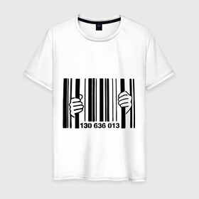 Мужская футболка хлопок с принтом штрих код тюрьма в Тюмени, 100% хлопок | прямой крой, круглый вырез горловины, длина до линии бедер, слегка спущенное плечо. | руки штрих код | штрих код