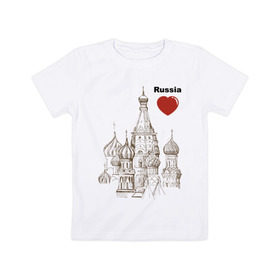Детская футболка хлопок с принтом Люблю Россию (Кремль) в Тюмени, 100% хлопок | круглый вырез горловины, полуприлегающий силуэт, длина до линии бедер | moscow | russia | государство | москва | патриот | родина | россия | страна | я русский