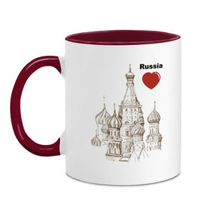 Кружка двухцветная с принтом Люблю Россию (Кремль) в Тюмени, керамика | объем — 330 мл, диаметр — 80 мм. Цветная ручка и кайма сверху, в некоторых цветах — вся внутренняя часть | moscow | russia | государство | москва | патриот | родина | россия | страна | я русский