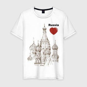 Мужская футболка хлопок с принтом Люблю Россию (Кремль) в Тюмени, 100% хлопок | прямой крой, круглый вырез горловины, длина до линии бедер, слегка спущенное плечо. | moscow | russia | государство | москва | патриот | родина | россия | страна | я русский