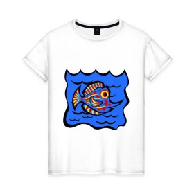 Женская футболка хлопок с принтом Рыба принт в Тюмени, 100% хлопок | прямой крой, круглый вырез горловины, длина до линии бедер, слегка спущенное плечо | знаки зодиак | зодиак | рыба | рыбалка | рыбка | рыбы