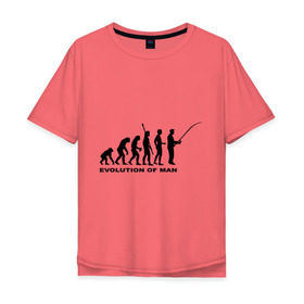 Мужская футболка хлопок Oversize с принтом Рыбак. Эволюция в Тюмени, 100% хлопок | свободный крой, круглый ворот, “спинка” длиннее передней части | Тематика изображения на принте: рыба | рыбак | рыбалка | удочка | эволюция