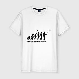 Мужская футболка премиум с принтом Рыбак. Эволюция в Тюмени, 92% хлопок, 8% лайкра | приталенный силуэт, круглый вырез ворота, длина до линии бедра, короткий рукав | Тематика изображения на принте: рыба | рыбак | рыбалка | удочка | эволюция