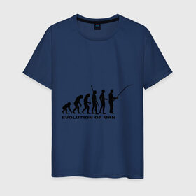 Мужская футболка хлопок с принтом Рыбак. Эволюция в Тюмени, 100% хлопок | прямой крой, круглый вырез горловины, длина до линии бедер, слегка спущенное плечо. | Тематика изображения на принте: рыба | рыбак | рыбалка | удочка | эволюция