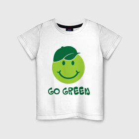 Детская футболка хлопок с принтом Грин смайл в Тюмени, 100% хлопок | круглый вырез горловины, полуприлегающий силуэт, длина до линии бедер | Тематика изображения на принте: eco | go green | green | зеленые технологии | зелень | планета | смайл | смайлик | чистота | эко | экология