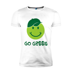 Мужская футболка премиум с принтом Грин смайл в Тюмени, 92% хлопок, 8% лайкра | приталенный силуэт, круглый вырез ворота, длина до линии бедра, короткий рукав | eco | go green | green | зеленые технологии | зелень | планета | смайл | смайлик | чистота | эко | экология