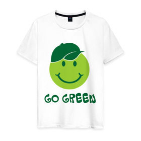 Мужская футболка хлопок с принтом Грин смайл в Тюмени, 100% хлопок | прямой крой, круглый вырез горловины, длина до линии бедер, слегка спущенное плечо. | eco | go green | green | зеленые технологии | зелень | планета | смайл | смайлик | чистота | эко | экология