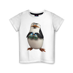 Детская футболка хлопок с принтом Пингвин с биноклем в Тюмени, 100% хлопок | круглый вырез горловины, полуприлегающий силуэт, длина до линии бедер | пингвин