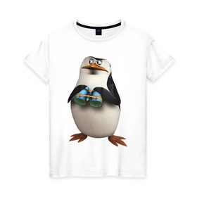 Женская футболка хлопок с принтом Пингвин с биноклем в Тюмени, 100% хлопок | прямой крой, круглый вырез горловины, длина до линии бедер, слегка спущенное плечо | пингвин