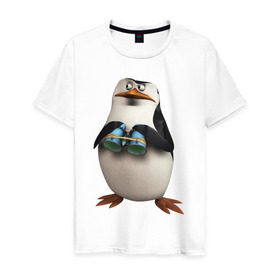 Мужская футболка хлопок с принтом Пингвин с биноклем в Тюмени, 100% хлопок | прямой крой, круглый вырез горловины, длина до линии бедер, слегка спущенное плечо. | пингвин
