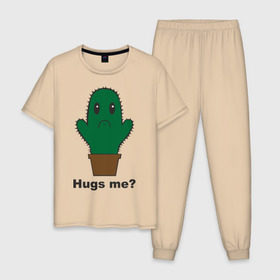 Мужская пижама хлопок с принтом Hugs me? в Тюмени, 100% хлопок | брюки и футболка прямого кроя, без карманов, на брюках мягкая резинка на поясе и по низу штанин
 | Тематика изображения на принте: обними