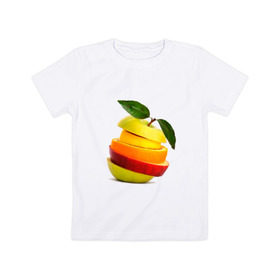 Детская футболка хлопок с принтом мега яблоко в Тюмени, 100% хлопок | круглый вырез горловины, полуприлегающий силуэт, длина до линии бедер | Тематика изображения на принте: апельсин | брызги | вода | лимон | фрукты | яблоко
